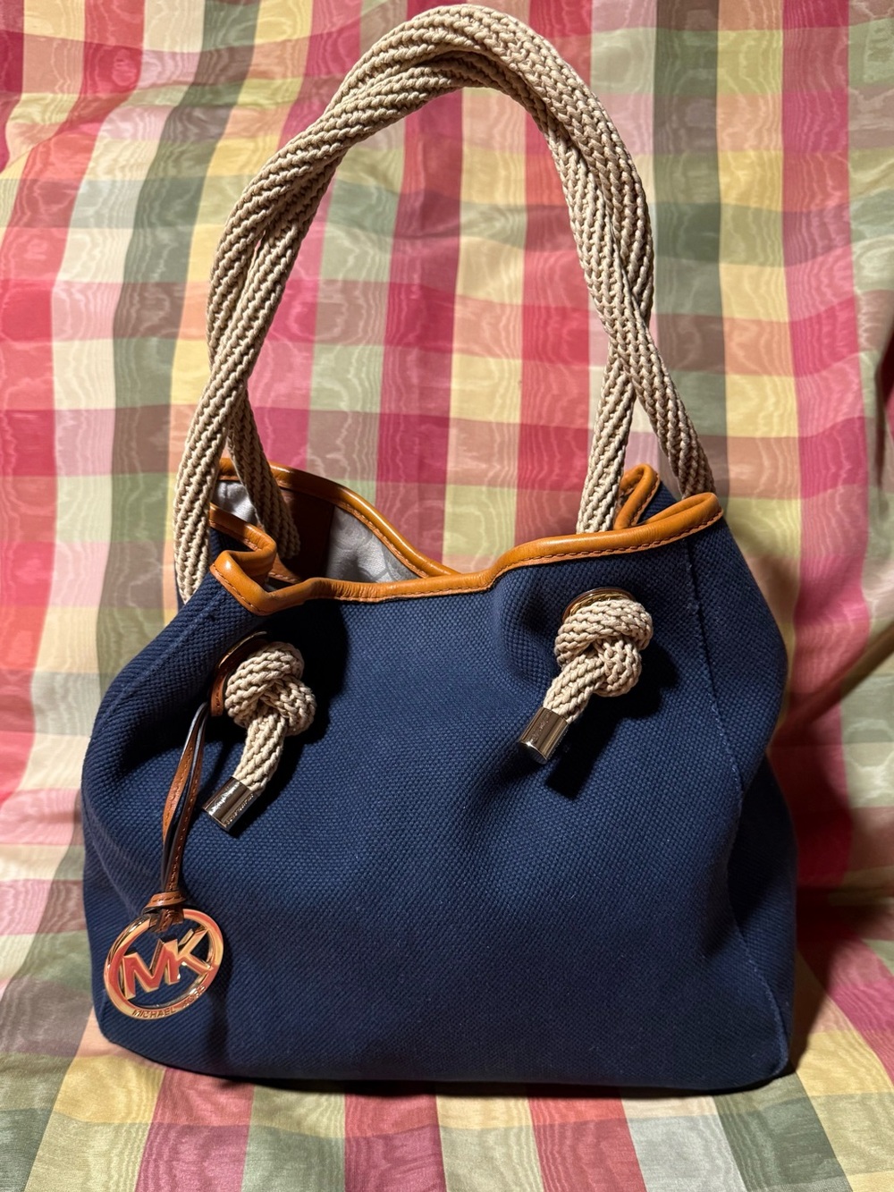 Michael Kors Navy Canvas Shoulder Bag with Tan Trim and Cream Rope Handles